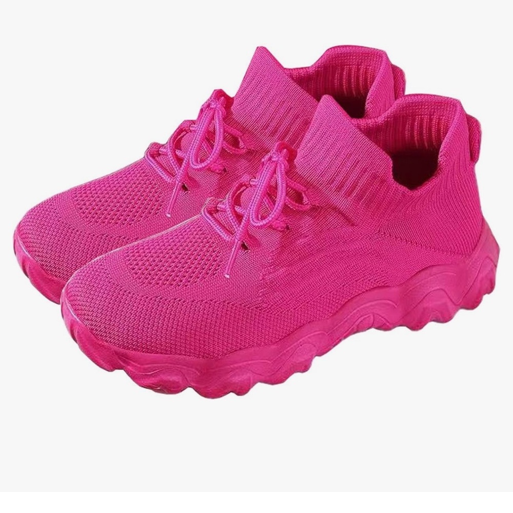 Chunky Sneakers For Women, Neon Pink Knit Detail Lace-Up Front Sneakers‎ NWOT